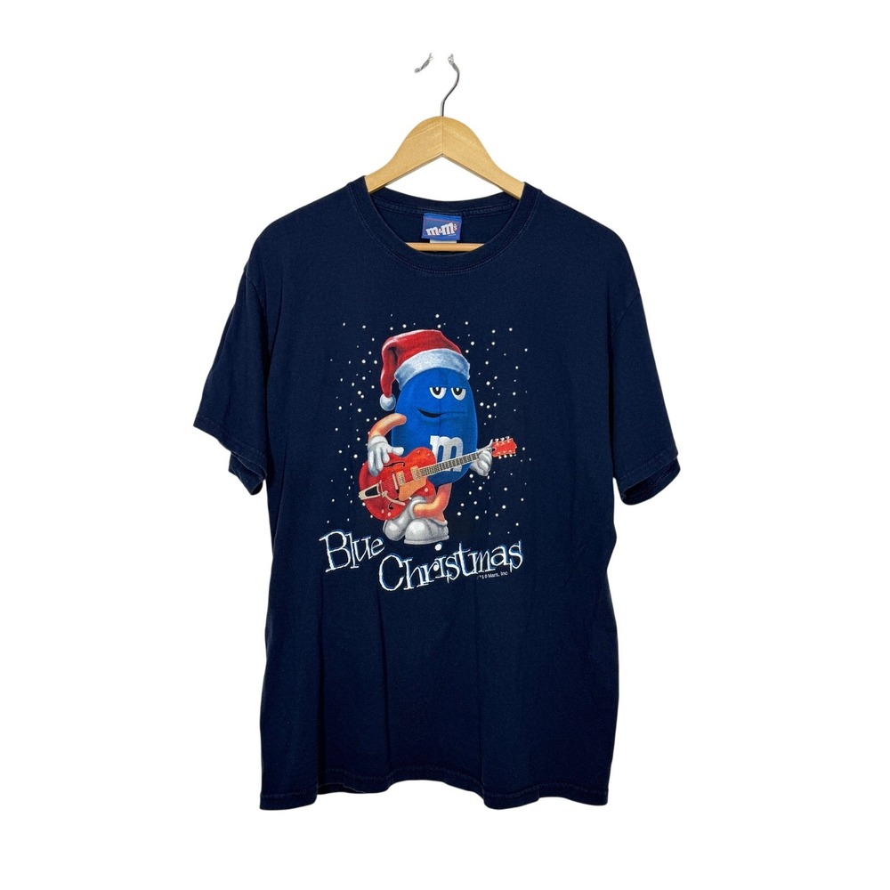 M&M's Blue Christmas T-Shirt Men's Size Large Navy Blue M&M Guitar Graphic Tee
